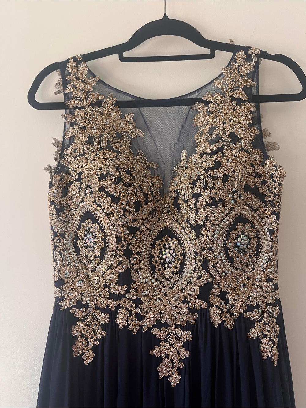 Jovani Navy Gown with Gold/silver Beaded Bodice - Picture 2 of 9